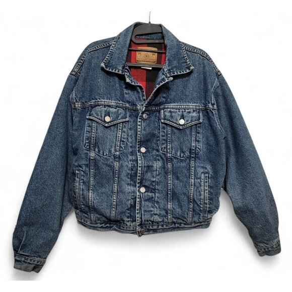 Vintage GAP 90s Denim Trucker Jacket Buffalo Plaid Blanket Lined - Picture 15 of 16